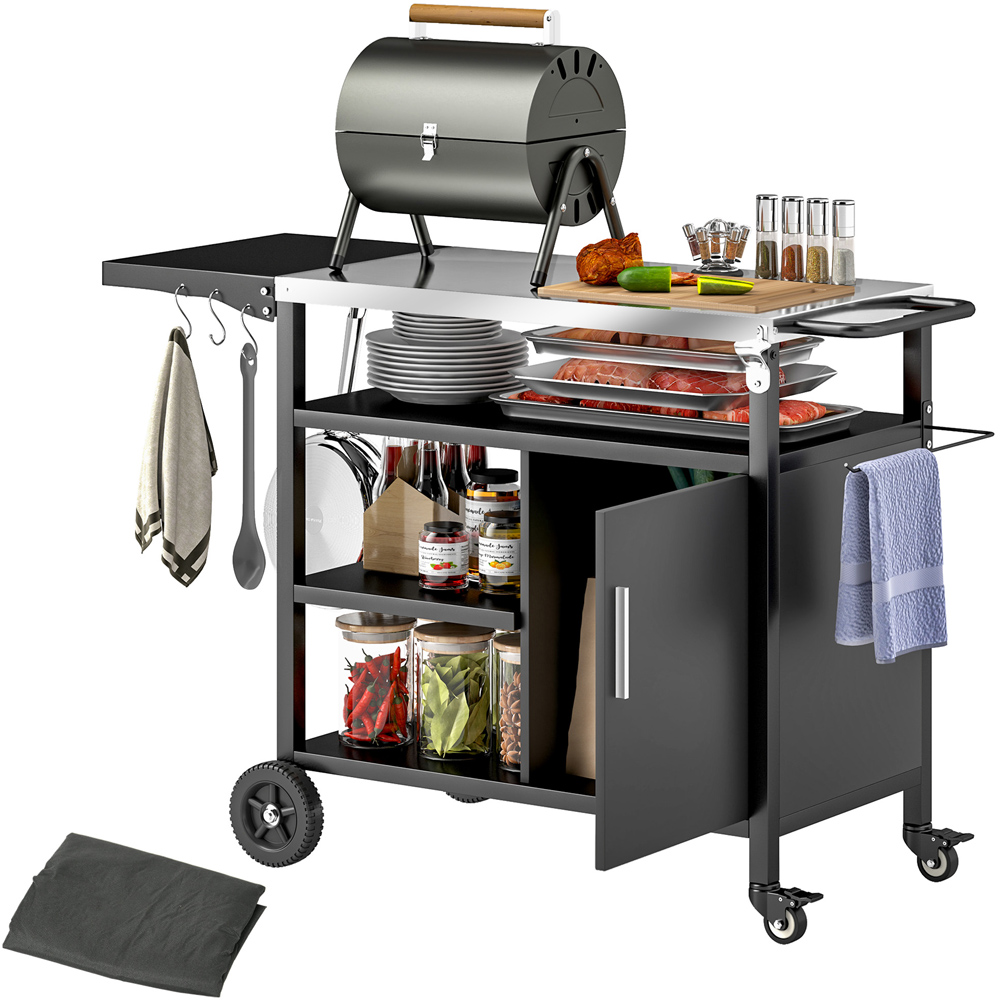 Outsunny Black Stainless Steel Barbeque Trolley with Foldable Side Table Image 3