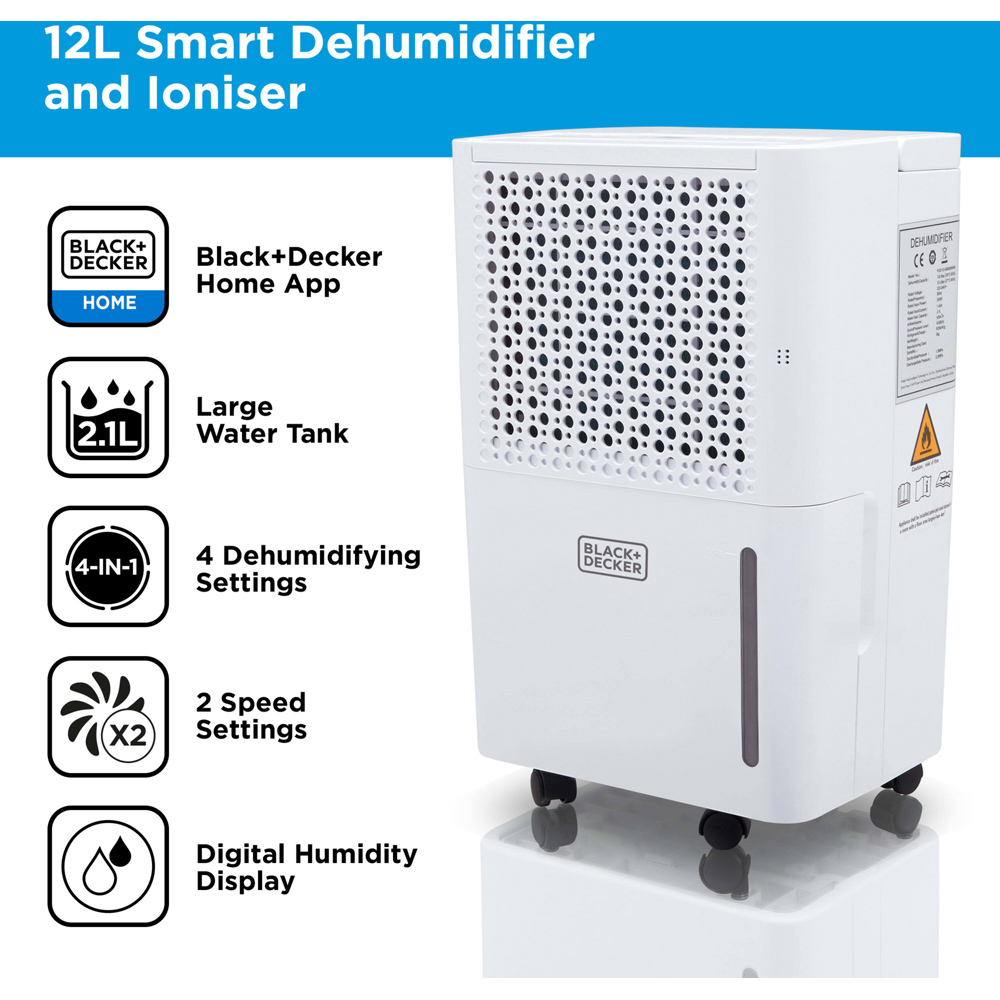 Black+Decker 12L Smart Dehumidifier with 24H Timer and 2.1L Water Tank Image 3