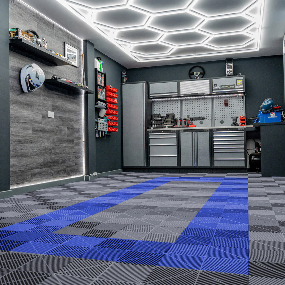 MonsterShop 90 Grey and 30 Blue Vented Garage Floor Tiles with Edges and 14 Hexagon LED Light Image 2