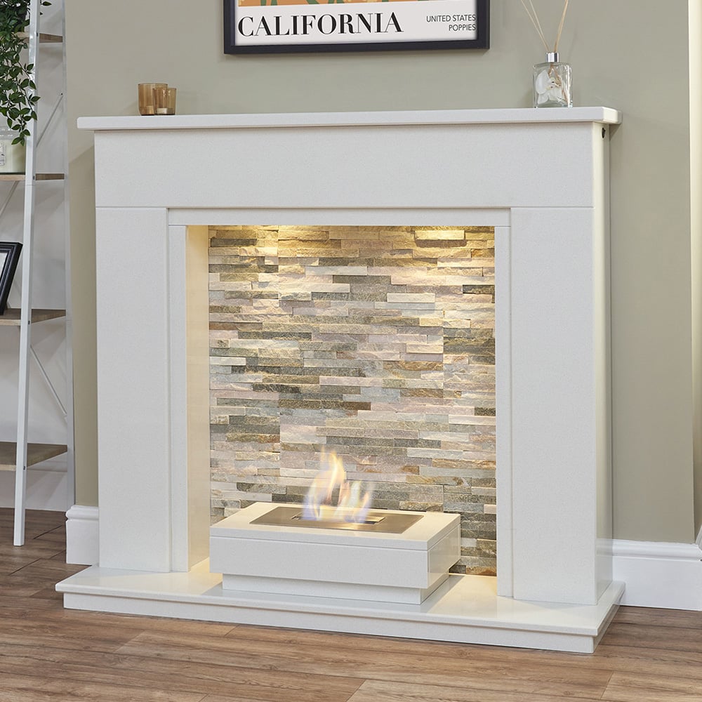 Acantha Amalfi White Marble Fireplace with Downlights and Altea Bio Ethanol Burner 48 inch Image 6