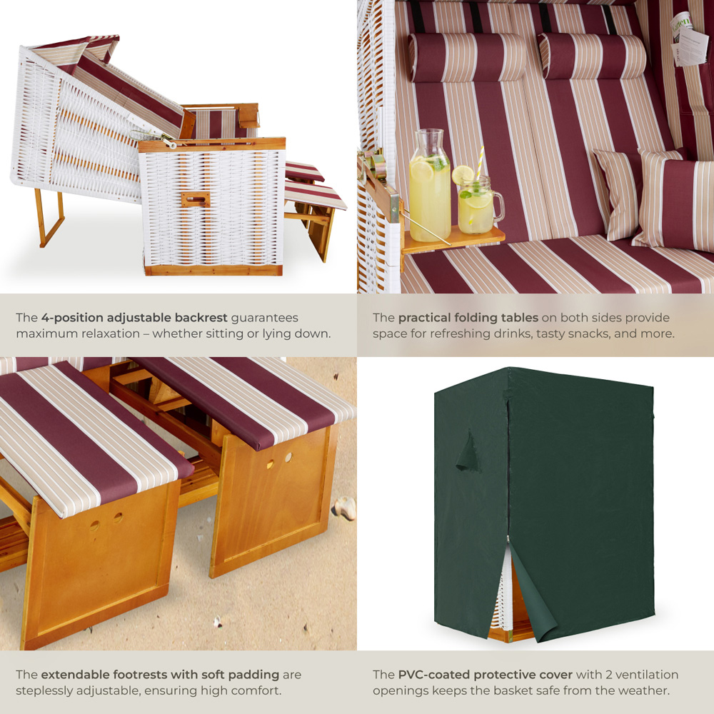 tectake Sylt Red and White Beach Chair with Cushions and Cover Image 5