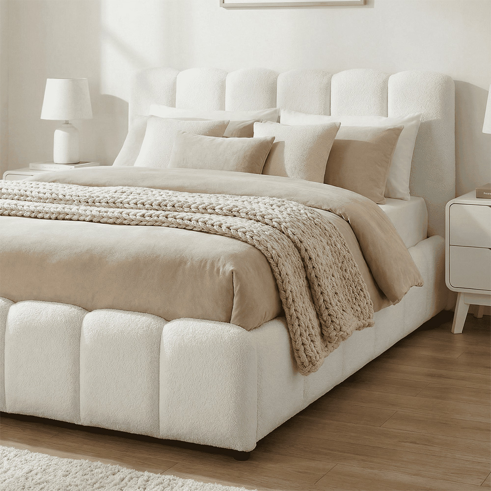 Home Source Bubble King Size White Textured Velvet Lift-Up Ottoman Bed with Fluted Headboard Image 4