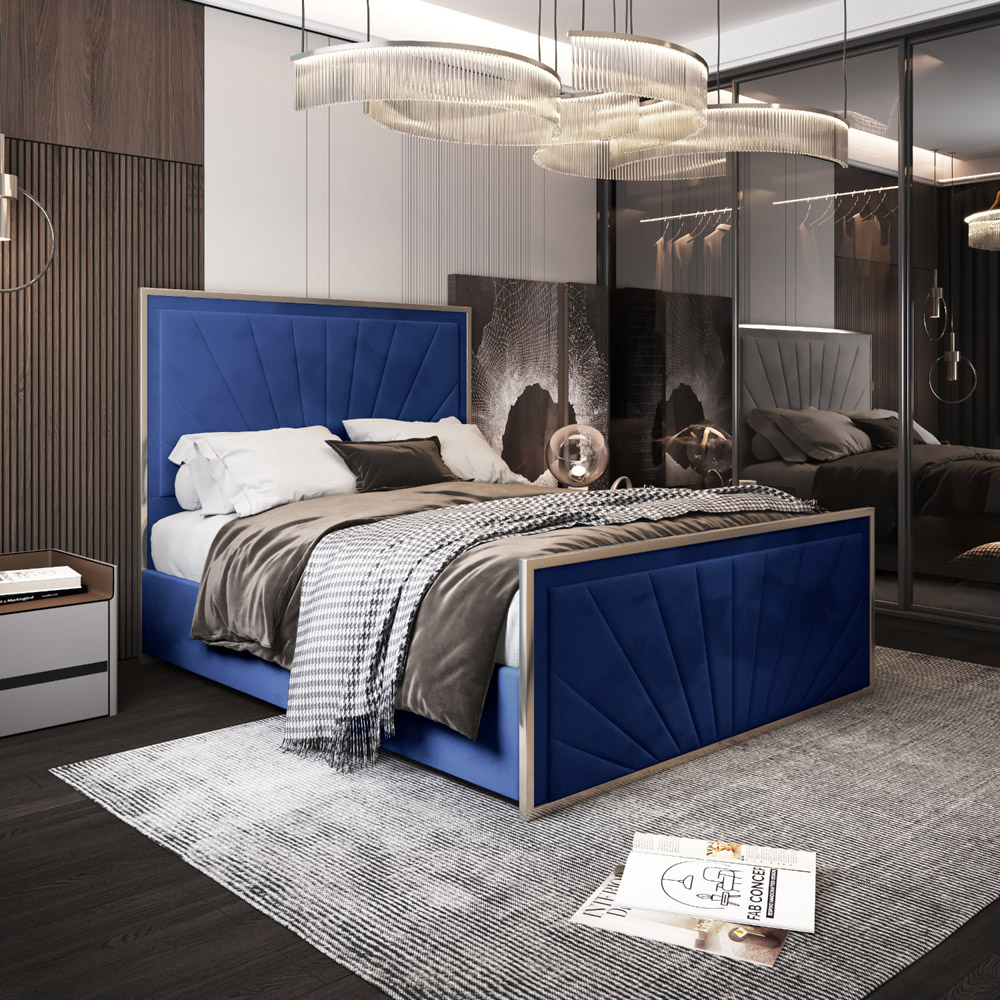 Roxy King Size Blue Soft Velvet Upholstered Metal Bed Frame with Chevron Headboard Image 5