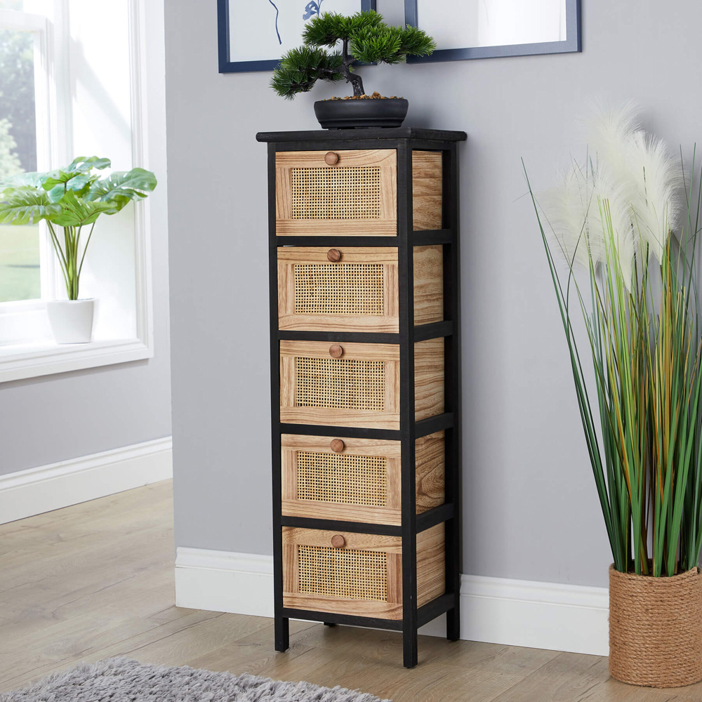 Home Source Mosina 5 Drawer Black and Rattan Solid Wooden Storage Unit Image 5