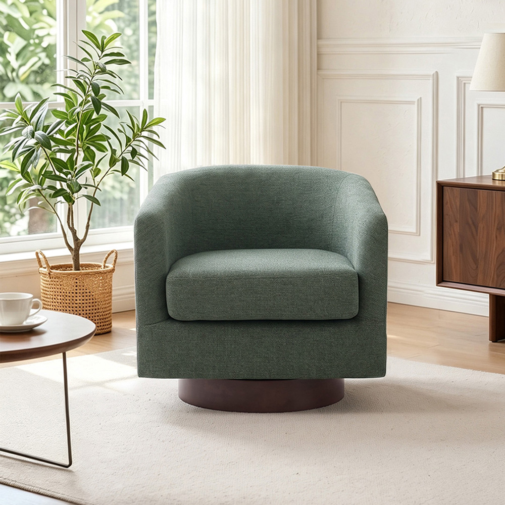 Living and Home Dark Green Linen Curved Barrel Swivel Armchair Image 7