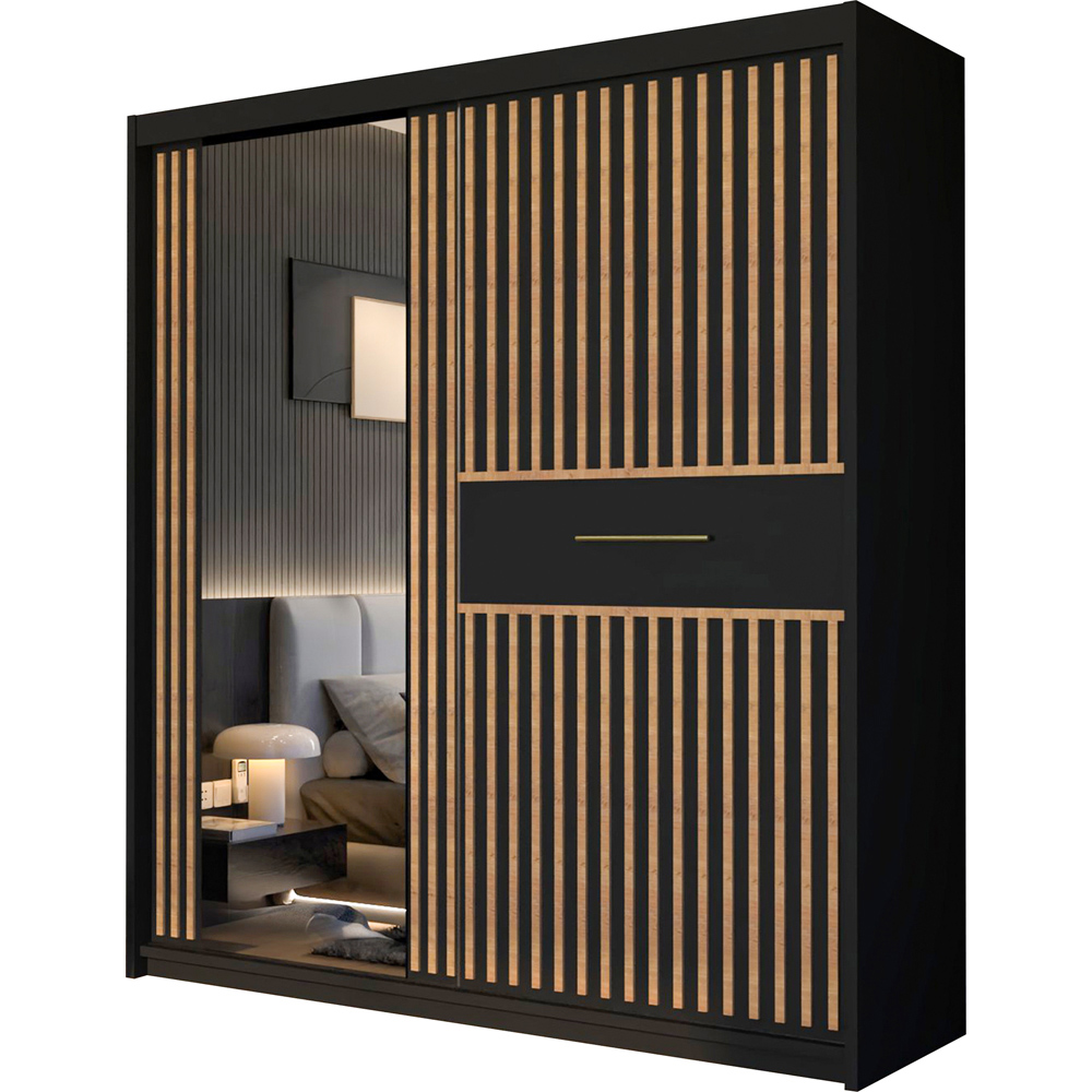 M N Furniture Laiyal 2 Door Black Mirrored Sliding Wardrobe with Oak Strip 203cm Image 2