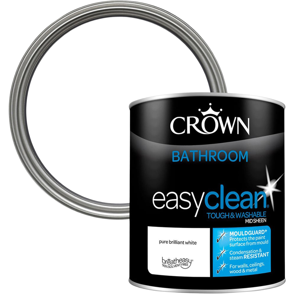 Crown Easyclean Mid Sheen Bathroom Paint - Pure Brilliant White / 1l Image 1