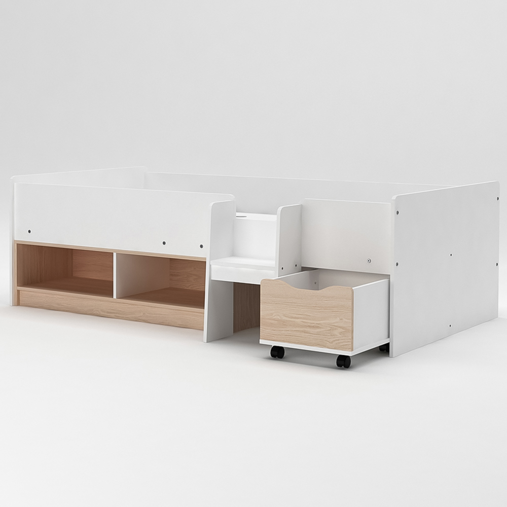 Kidsaw Single White and Oak Cabin Bed with Cubes and Pullout Drawer Image 3