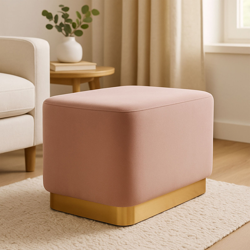 Premier Housewares Hartford Dusty Pink Velvet and Matte Gold Rectangular Pouffe Image 5
