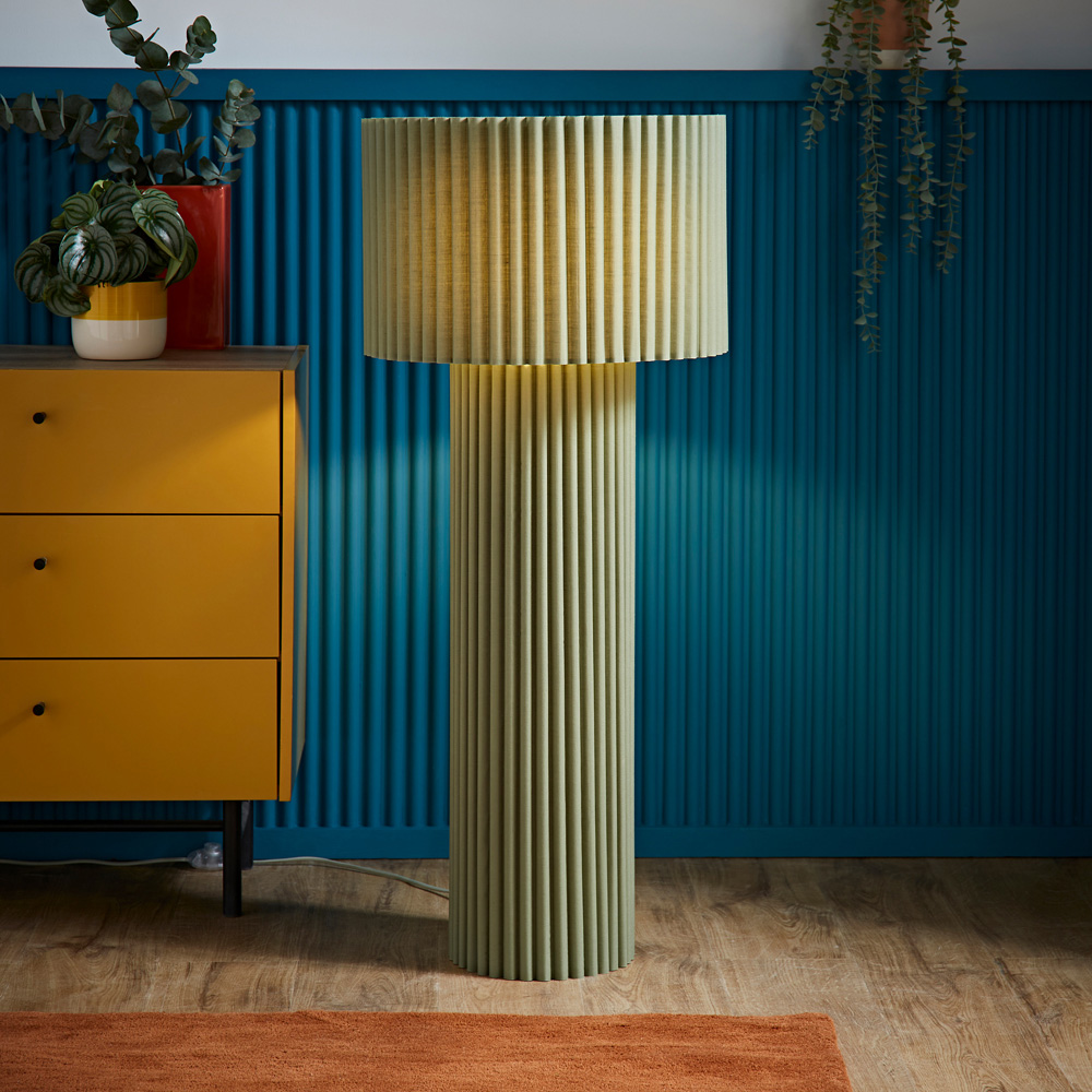 ValueLights Lenny Moss Green Drum Lamp Shade Ribbed Fabric Midi LED Floor Lamp Image 2