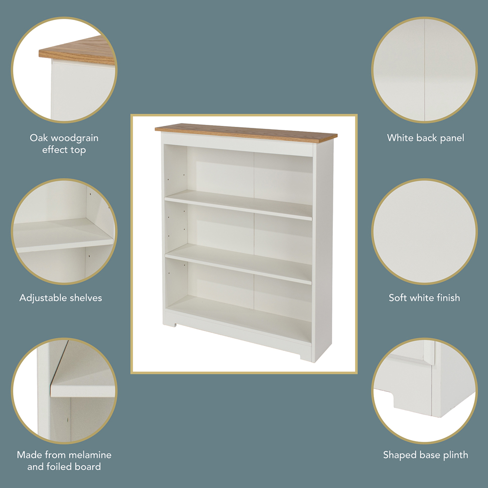 Core Products Colorado 3 Shelf Oak and White Low Wide Bookcase Image 6