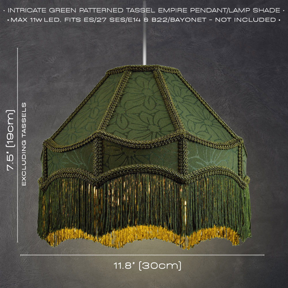 Happy Homewares Victorian Style Empire Forest Green Fabric with Tassels Pendant Shade Image 7