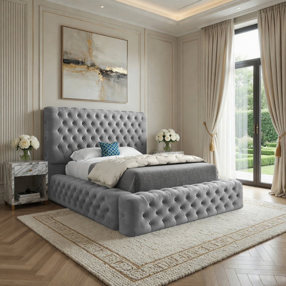 Grand Milan Grey Small Double Upholstered Bed Frame with Pleated Chesterfield Headboard Image 5