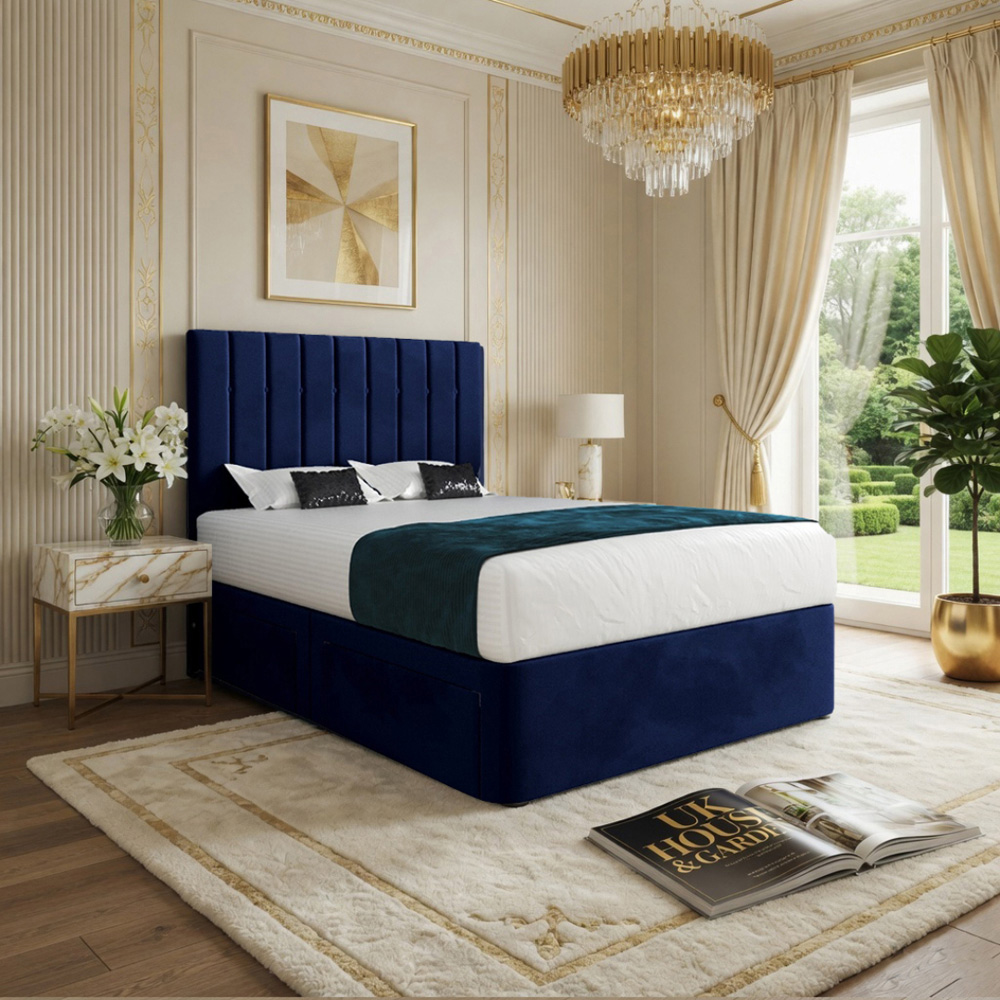 Marcelo Blue Small Double Velvet Upholstered Divan Bed Frame with Linear Headboard Image 5
