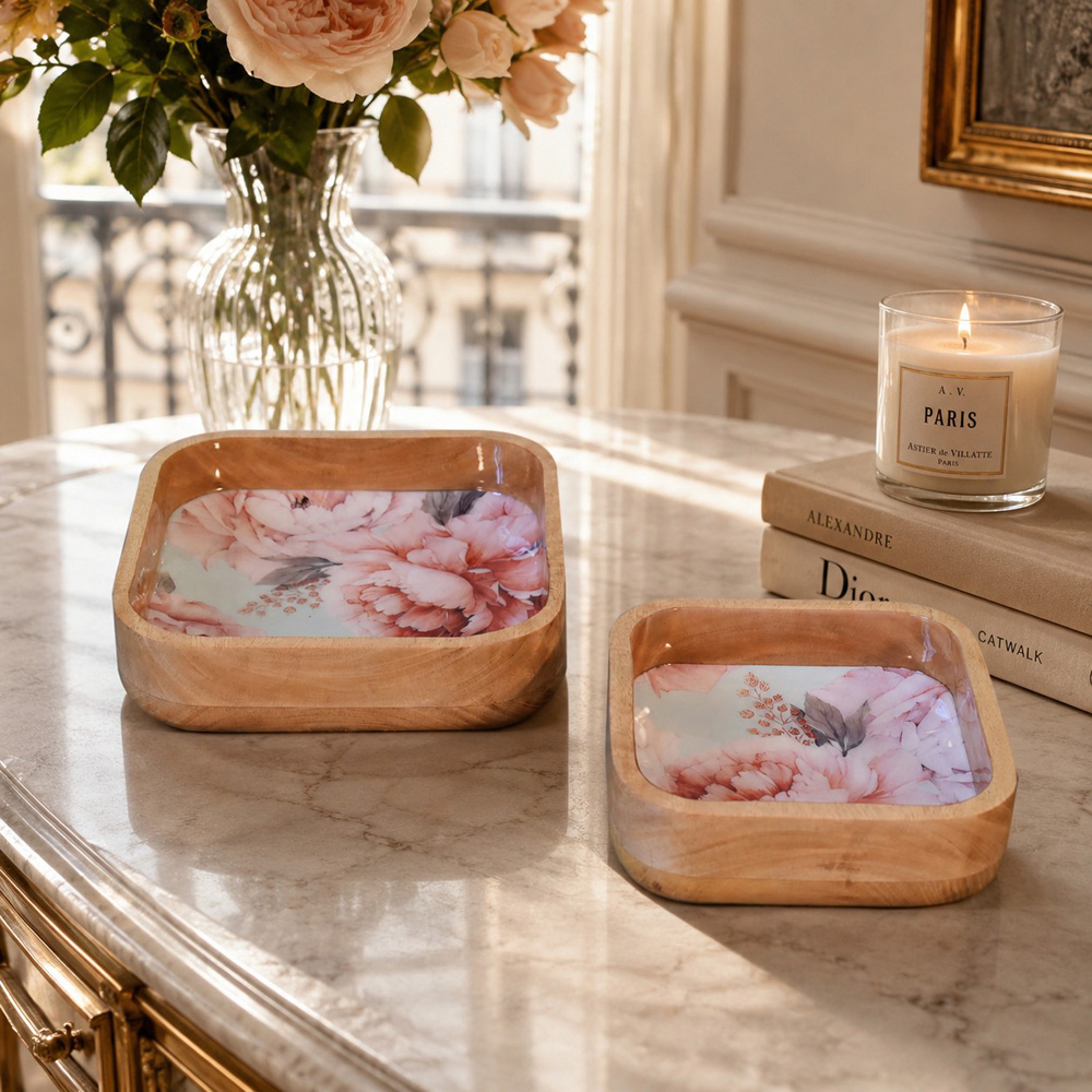 Artisan Furniture Floral Pink Solid Wood Square Bowl 2 Pack Image 2