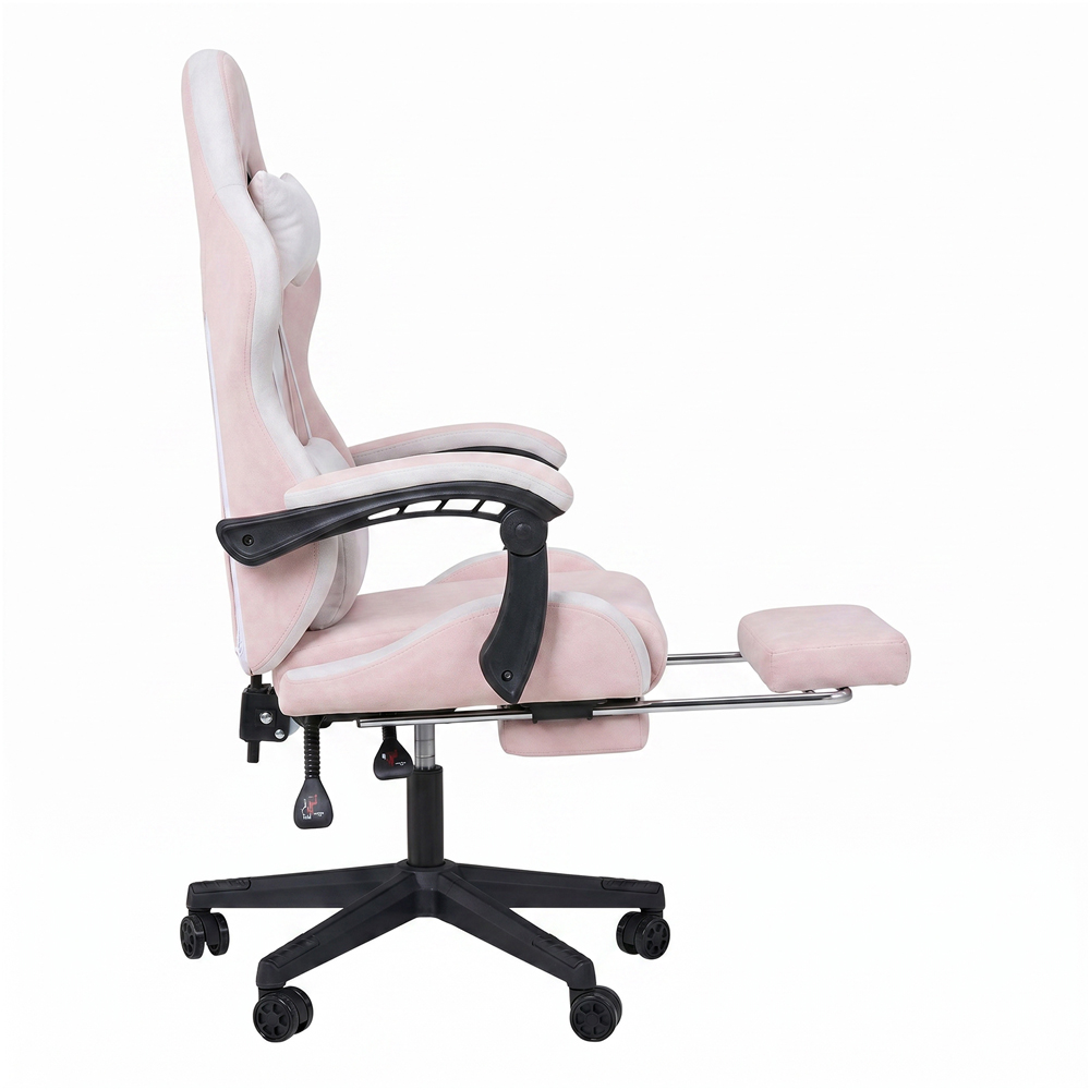 Living and Home White and Pink Fabric Gaming Chair with Footrest Image 5