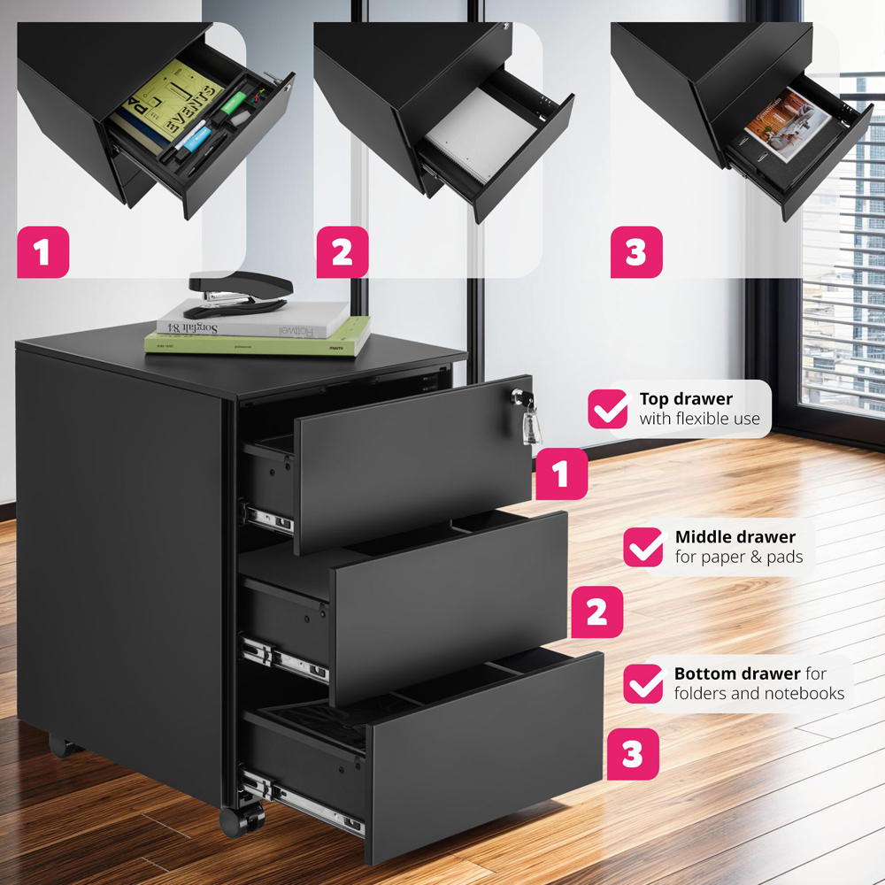 tectake Magna 3 Drawers Black Lockable Chest of Drawers Image 3