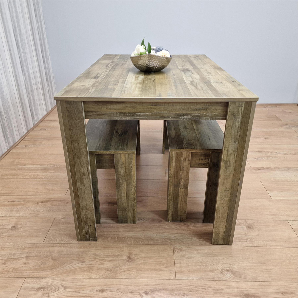 Portland 4 Seater Rustic Effect Dining Table Set with Benches Image 7