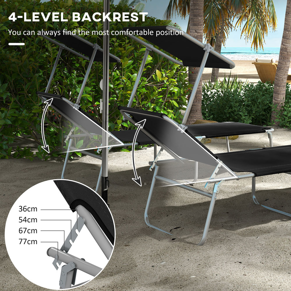Outsunny Set of 2 Black 4 Level Adjustable Folding Sun Lounger with Sunshade Image 8