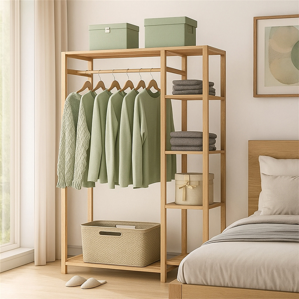 Modcraft Large 5 Shelf Bamboo Garment Rack with Clothes Rail Image 6