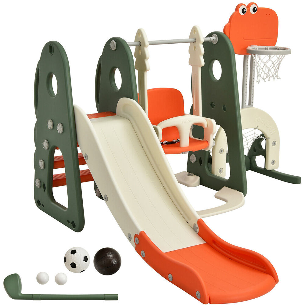 Costway Kids Orange 6 in 1 Slide and Swing Set with Adjustable Basketball Hoop Image 3