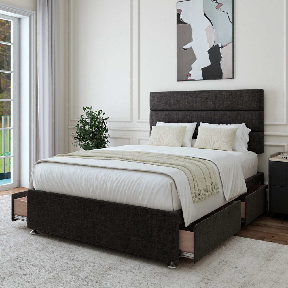 Bedmaster Double Charcoal Linen 4 Drawer Divan Base with Pearl Headboard Image 2