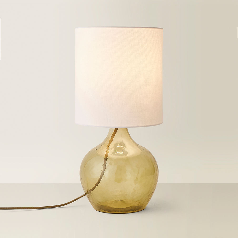 ValueLights Emily Natural Linen Drum Shade Dark Green Glass Teardrop LED Table Lamp Image 5
