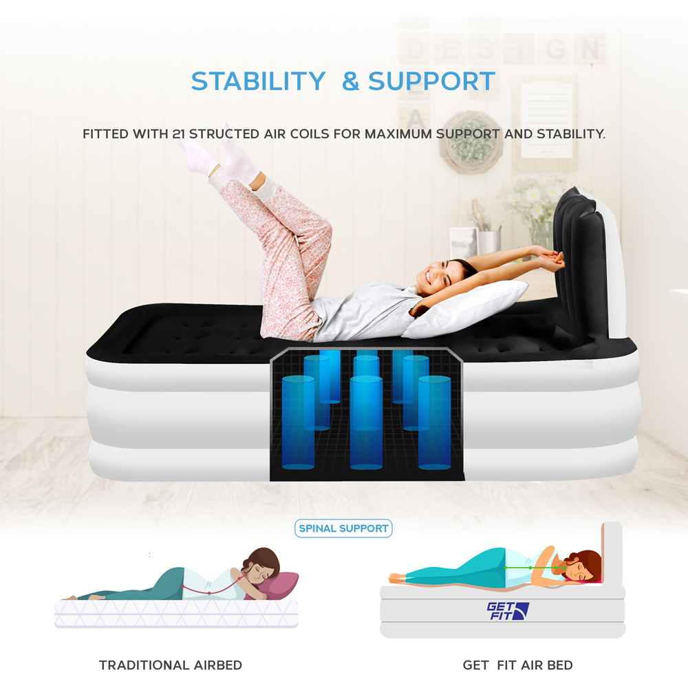 Get Fit White Black Single Inflatable Air Bed with Built-in Electric Pump and Headboard Image 6