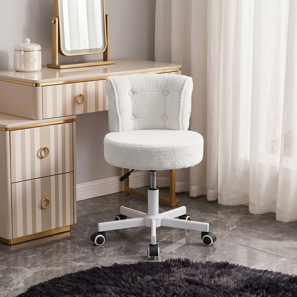 Living and Home White Teddy Fleece Button Tufted Vanity Chair with Castors Image 7