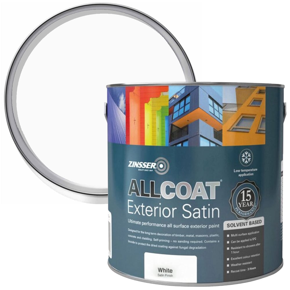 Zinsser Allcoat White Solvent Based Exterior Satin Paint 2.5L Image 1