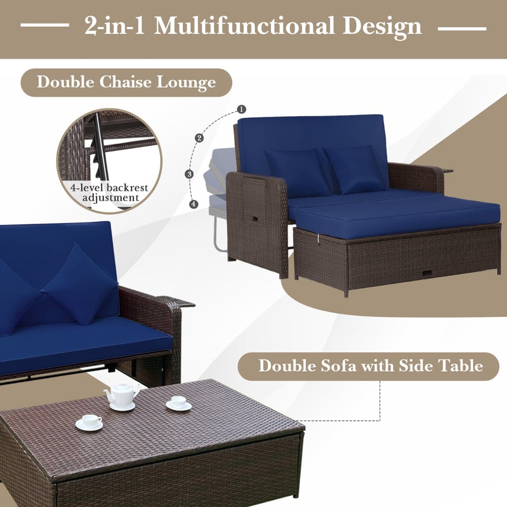Costway 2 Seater Ratan Wicker Blue Loveseat Sofa with Ottoman and Side Tray Image 5