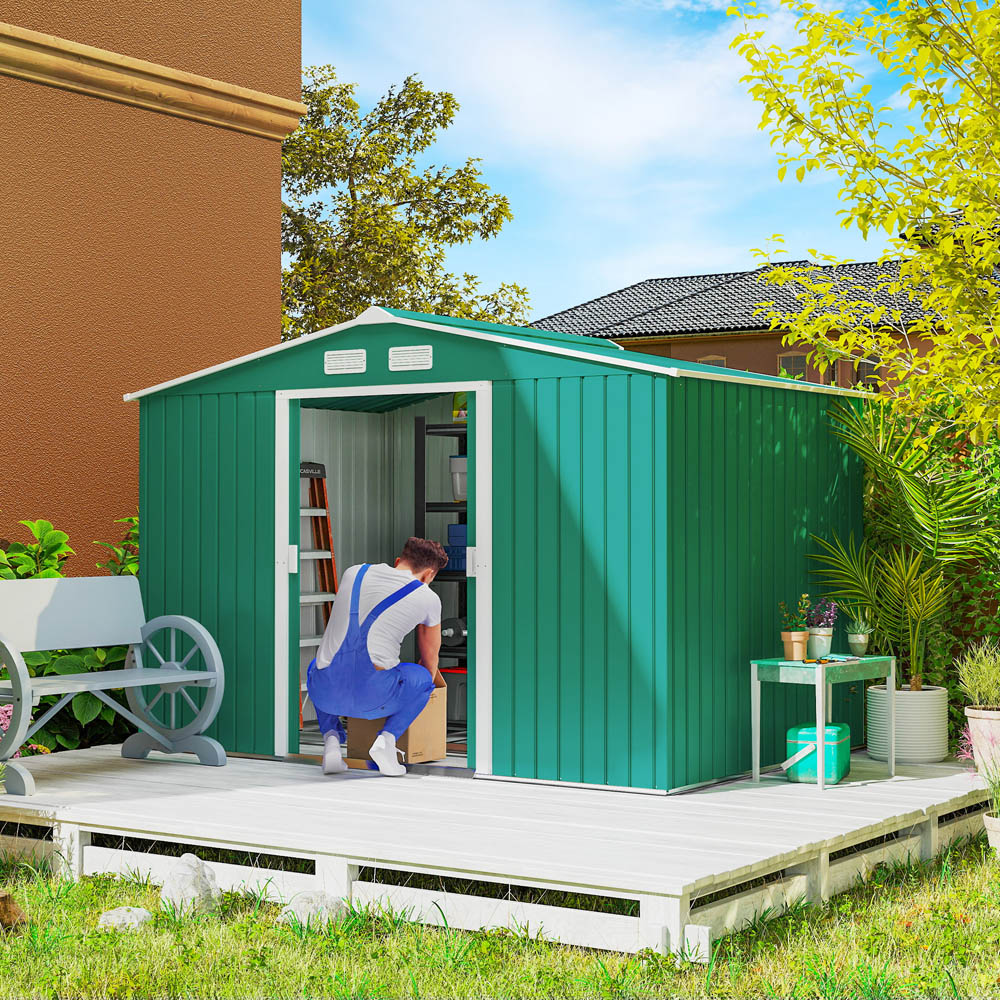 Outsunny 9 x 6ft Green Metal Apex Garden Shed Image 2