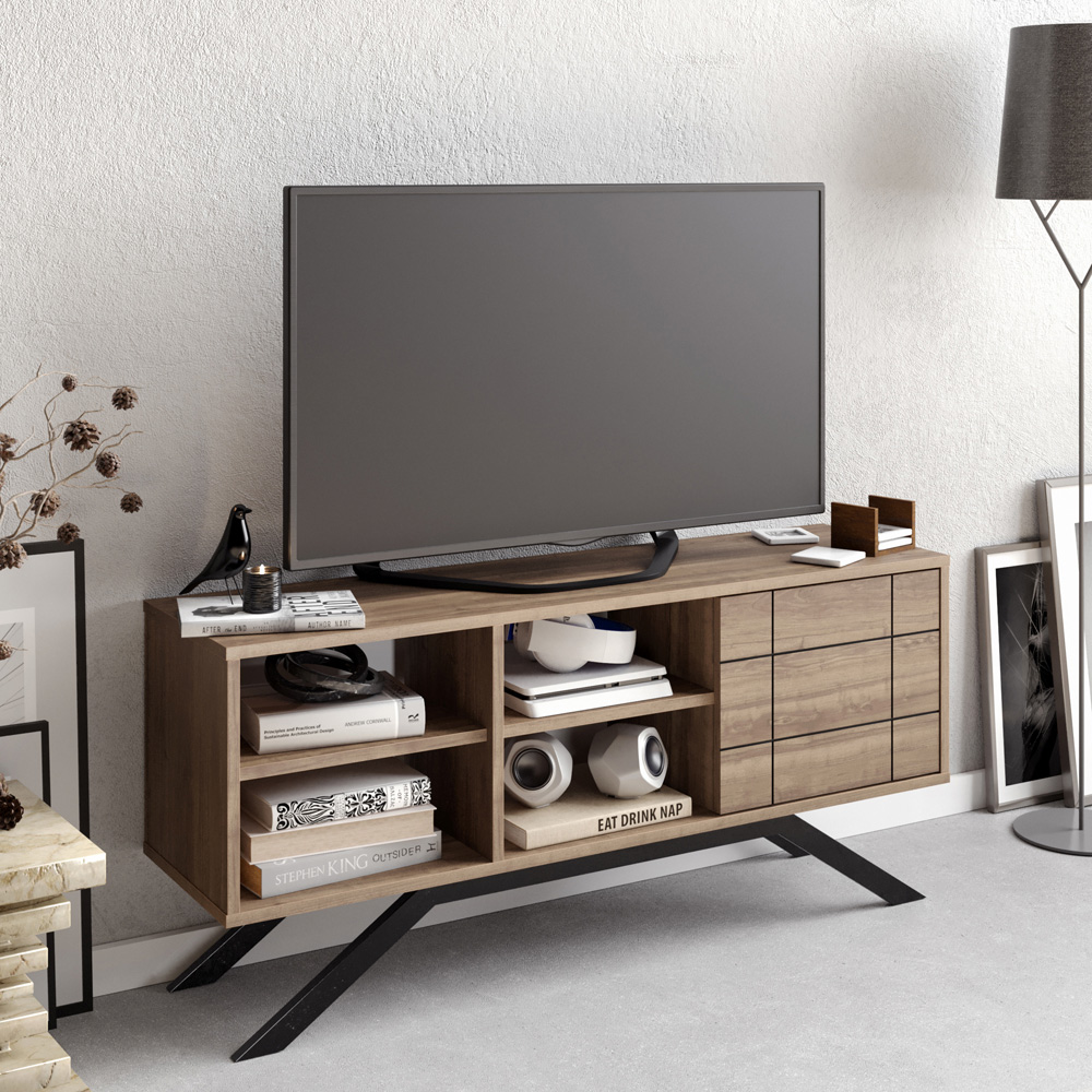 Decorotika North Single Door 4 Shelf Walnut and Black TV Unit Image 3