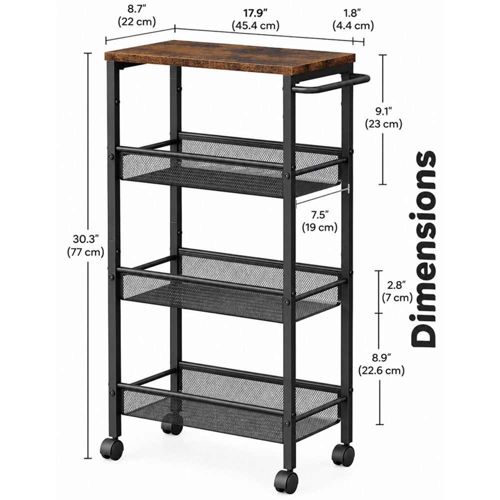 Modcraft 4 Shelf Black and Rustic Brown Slim Rolling Trolley Image 7