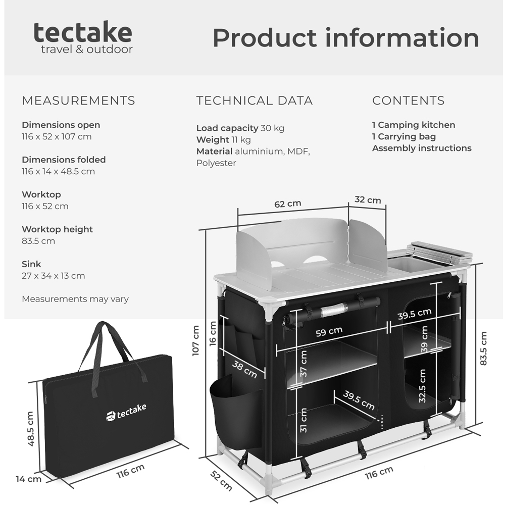 tectake Black Foldable Camping Kitchen with 4 Compartments Image 9