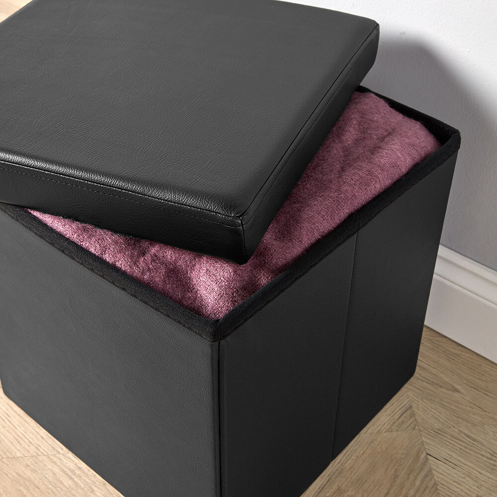 Home Source Faux Black Leather Square Folding Storage Ottoman Image 3