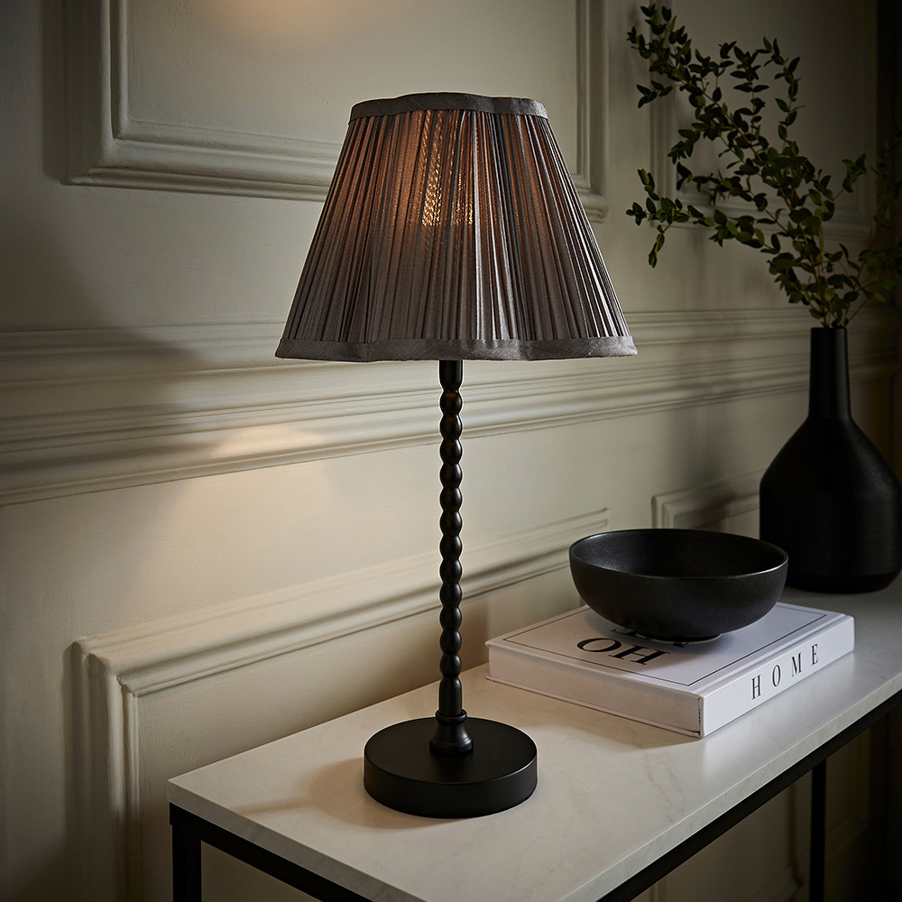 ValueLights Maeve Dark Grey Pleated Faux Silk Scallop Shade Black Bobbin LED Table Lamp Image 6