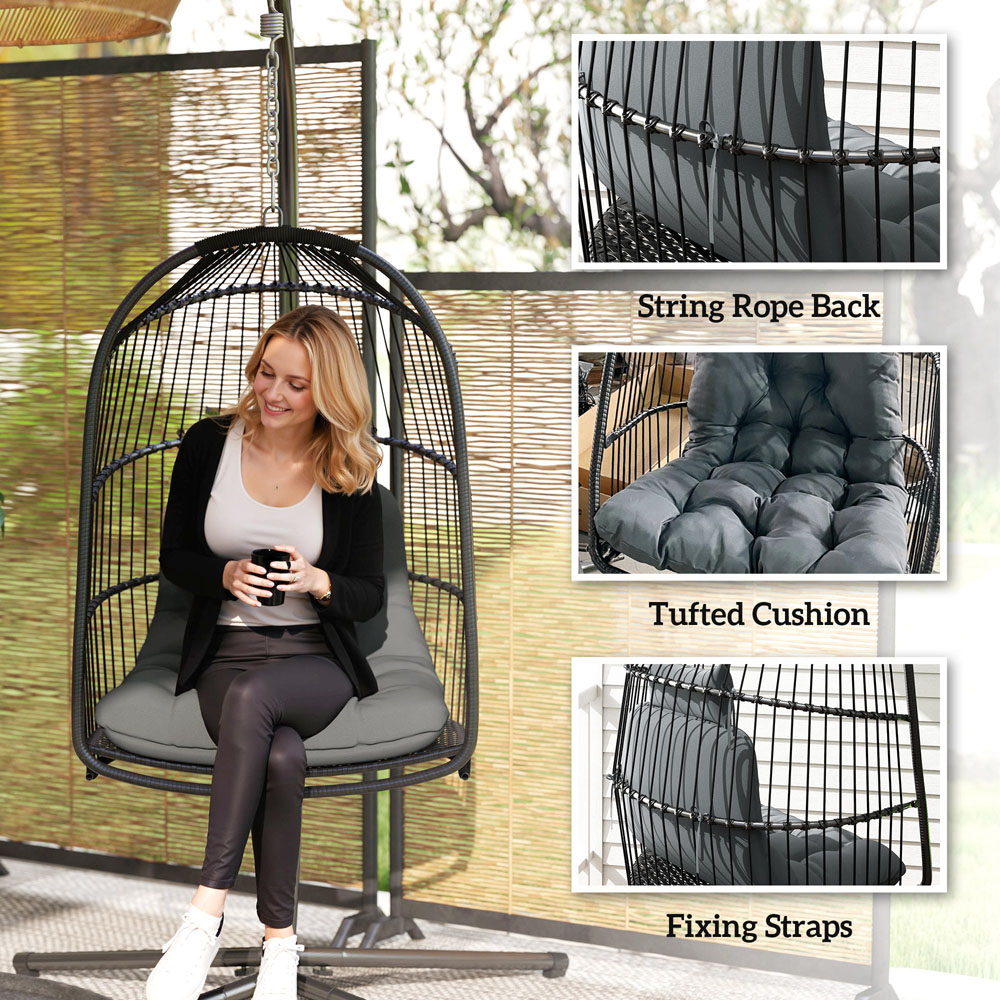 Outsunny Grey Rattan Indoor Outdoor Egg Chair with Installation Kit Image 7