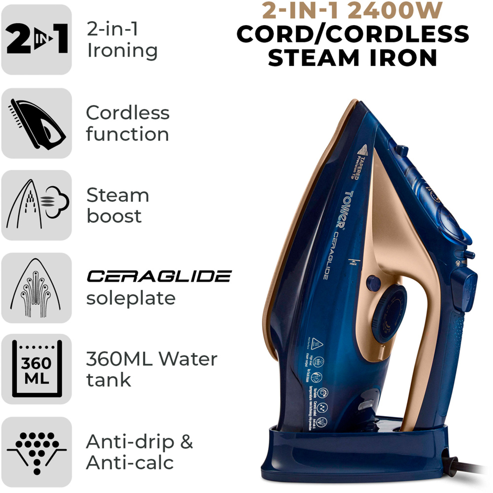 Tower CeraGlide Blue Cord and Cordless Steam Iron 2400W Image 3