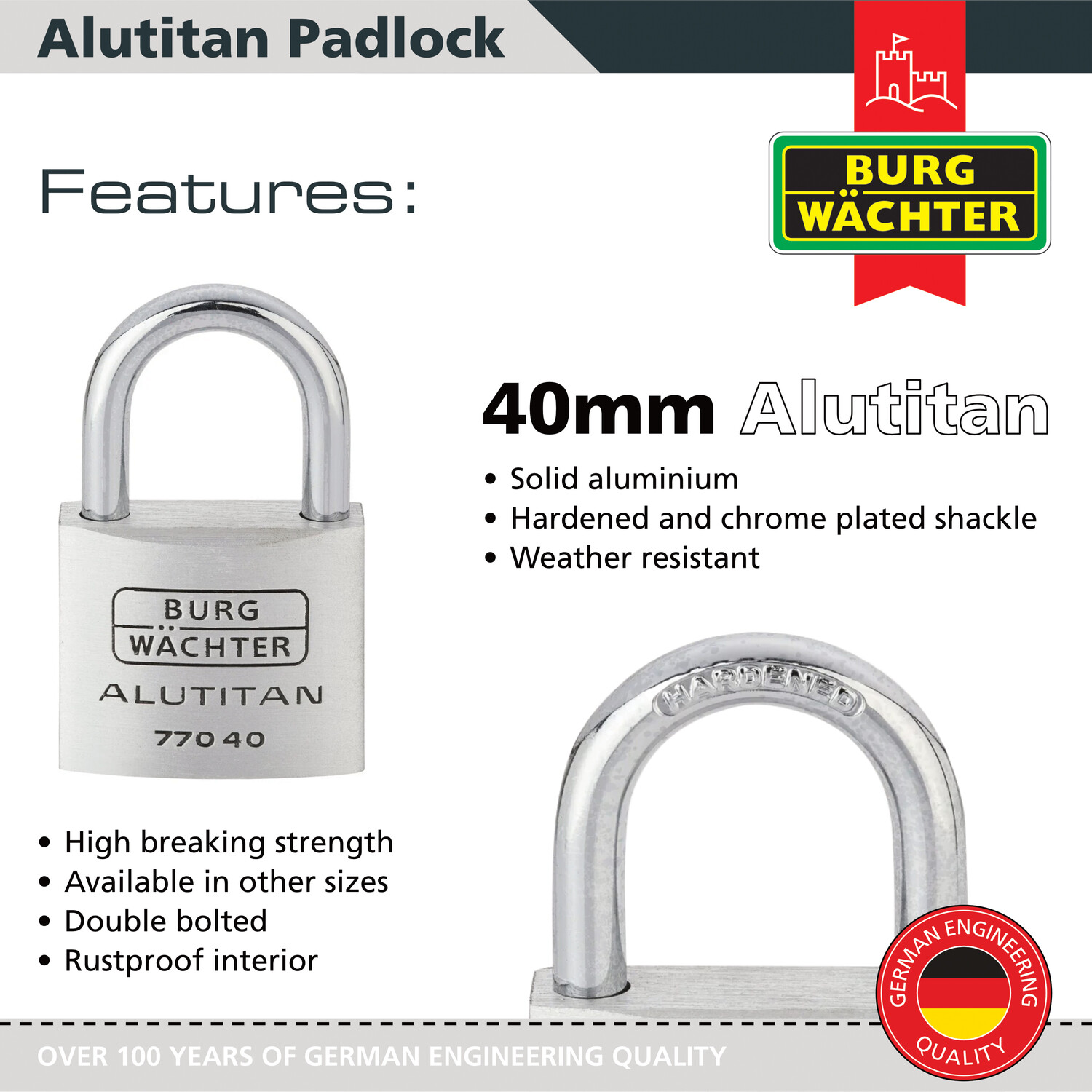 Alutitan Aluminium Padlock Silver 40mm Image 2