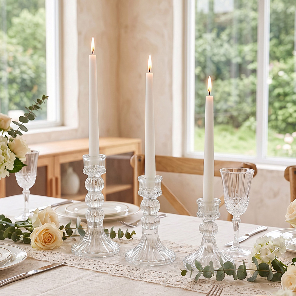 Living and Home Clear Glass Fluted Candlestick Holder Set of 3 Image 2