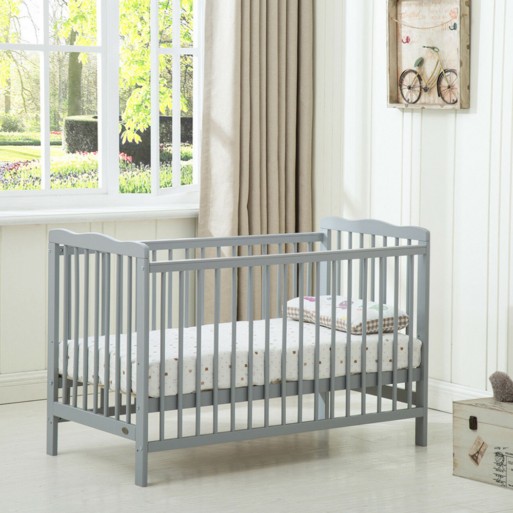 wilko Brooklyn Grey Height Adjustable Wooden Baby Cot Crib with Mattress Image 3