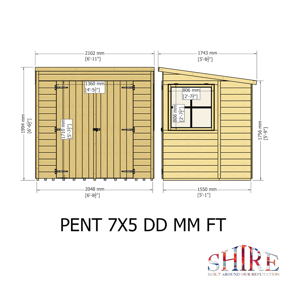 Shire GB Pent 7 x 5ft Shiplap Double Door Garden Shed Image 9