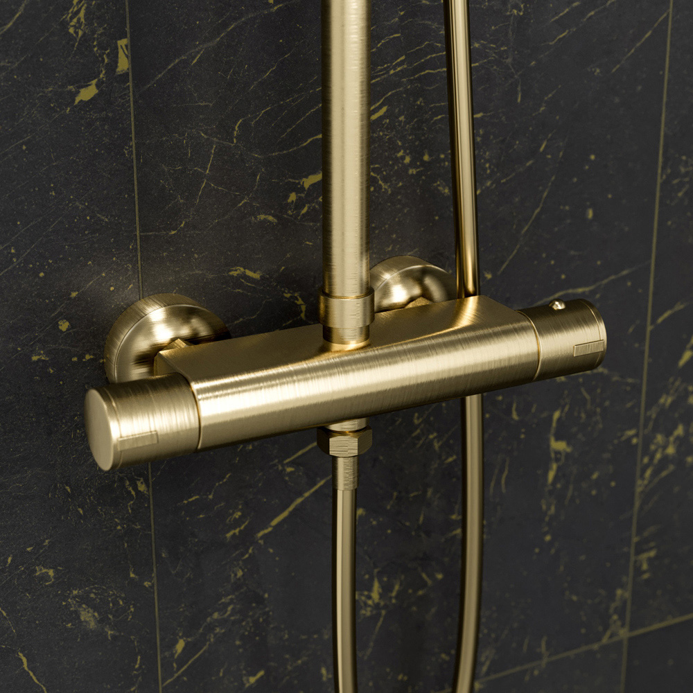Nes Home Brushed Brass Round Exposed Thermostatic Shower Set Image 4