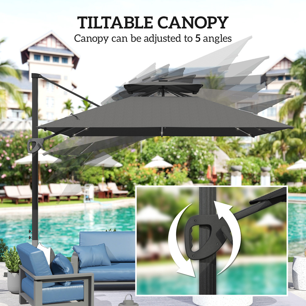 Outsunny 2 Tier Grey Aluminium Solar LED Crank and Tilt Cantilever Parasol 3.5m Image 5