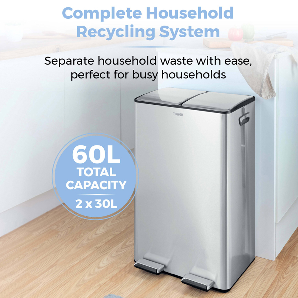 Tower Double Recycling Silver Pedal Bin 60L Image 3