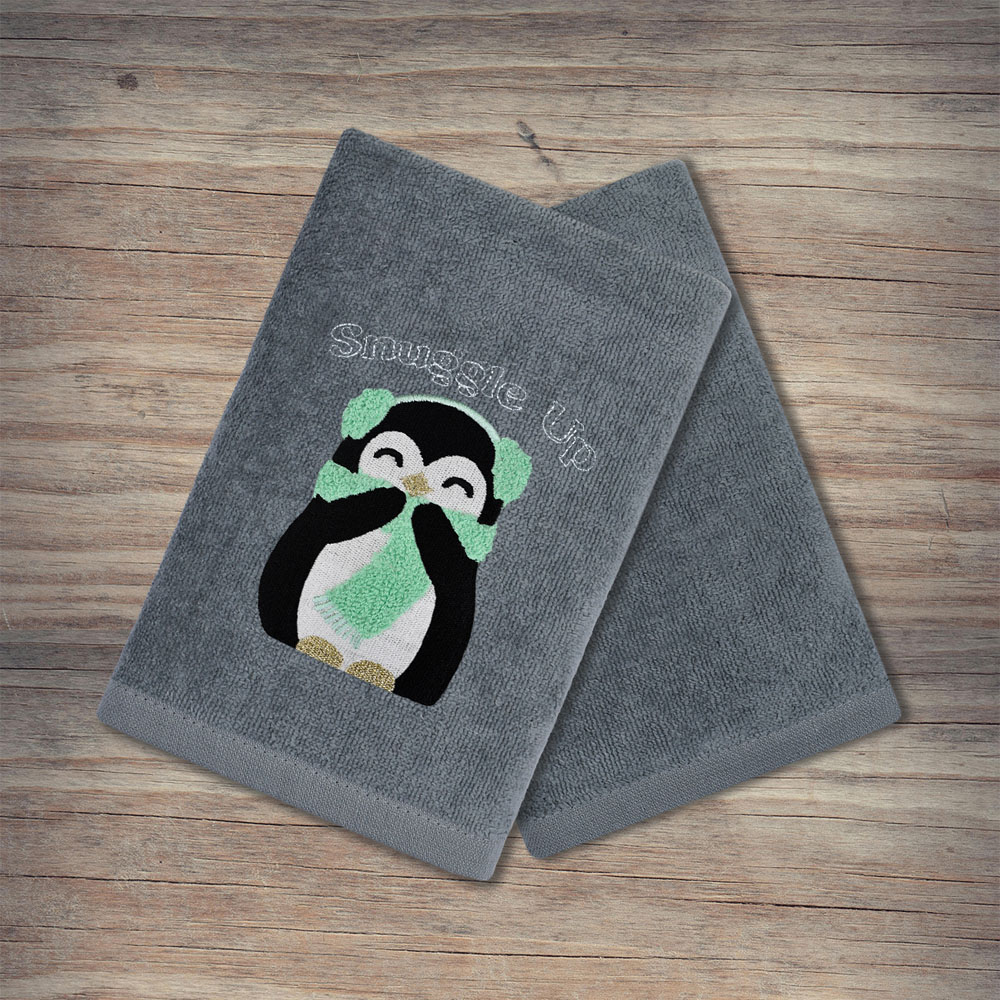 Noel Square Penguins Snuggle Grey Hand Towel 2 Pack Image 5