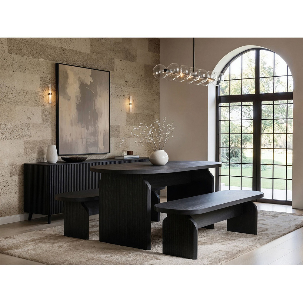 SOLACE+CO Varm Black Wood Effect 3 Seater Ribbed Dining Bench Image 2
