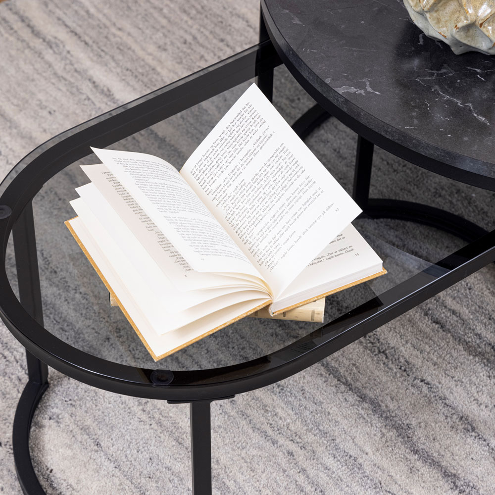 Florence Spiro Round Black Marble Oval Smoked Melamine Glass Top Nest of Tables Set of 2 Image 9