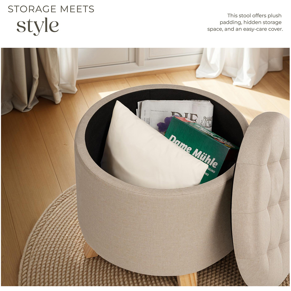 tectake Suna Sand Linen Look Padded Round Stool with Storage Image 4